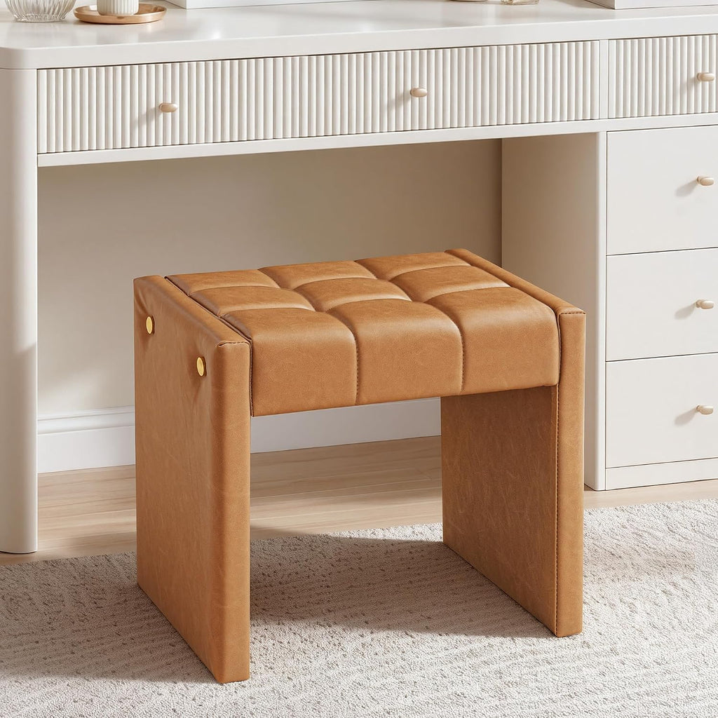 LUE BONA Modern Grid Tufted Vanity Bench Stool, 4.33'' Thick Chenille Upholstered Ottoman Footstool for Makeup Room, Bedroom & Living Room, 200lbs Capacity, Brown