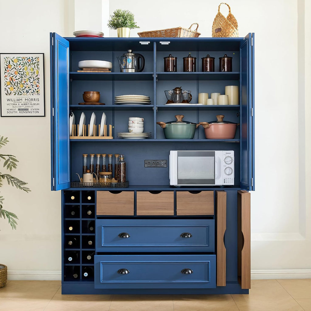 71" Tall Kitchen Pantry Storage Cabinet with 4 Foldable Doors, Freestanding Large Cupboard with Power Outlet, Adjustable Shelves and Wine Racks for Dining Room, Kitchen, Blue