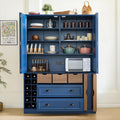 71" Tall Kitchen Pantry Storage Cabinet with 4 Foldable Doors, Freestanding Large Cupboard with Power Outlet, Adjustable Shelves and Wine Racks for Dining Room, Kitchen, Blue