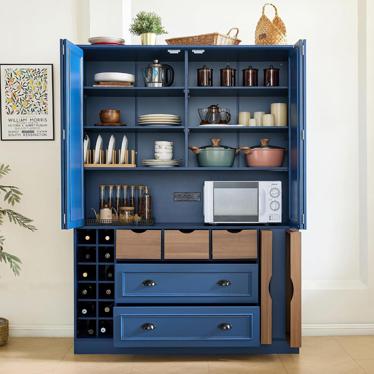 71" Tall Kitchen Pantry Storage Cabinet with 4 Foldable Doors, Freestanding Large Cupboard with Power Outlet, Adjustable Shelves and Wine Racks for Dining Room, Kitchen, Blue