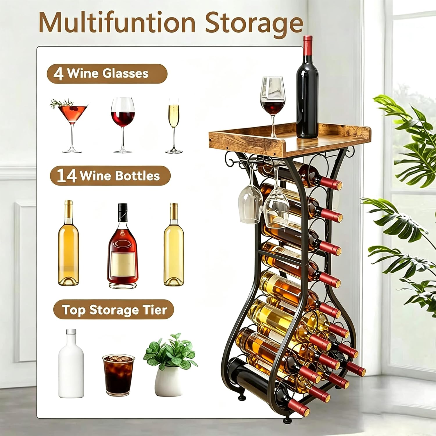 Wine Rack Freestanding Floor, Freestanding Wine Racks with 14 Bottles Wine Glass Holder, Mini Bar Wood Tabletop Wine Storage, Small Wine Cabinet for Home Bar Kitchen Dining Room