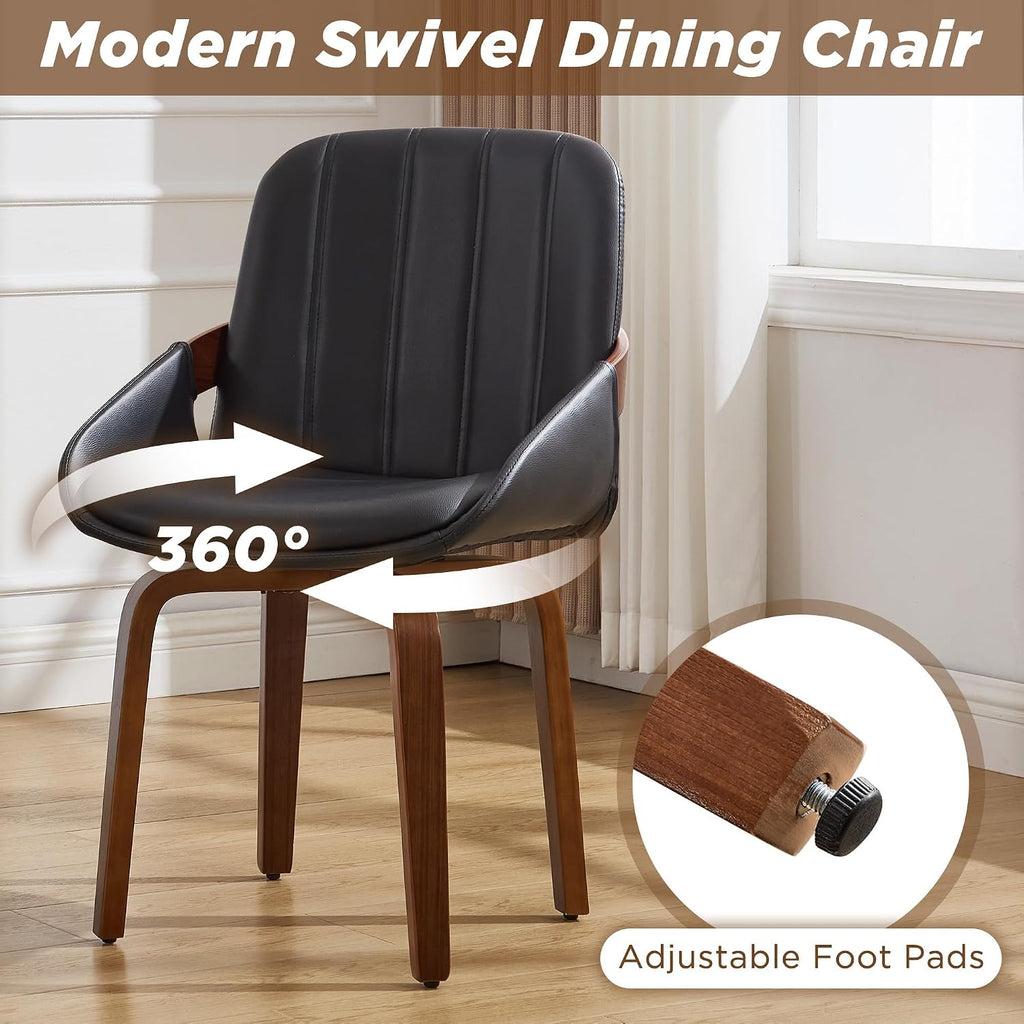 Swivel Dining Chairs Set of 6, Black Leather Dining Room Chairs | Mid Century Modern Upholstered Kitchen Vanity Accent Chair, Walnut Backrest Support with Arm ,Sturdy Wood Leg(Black,Set of 6)