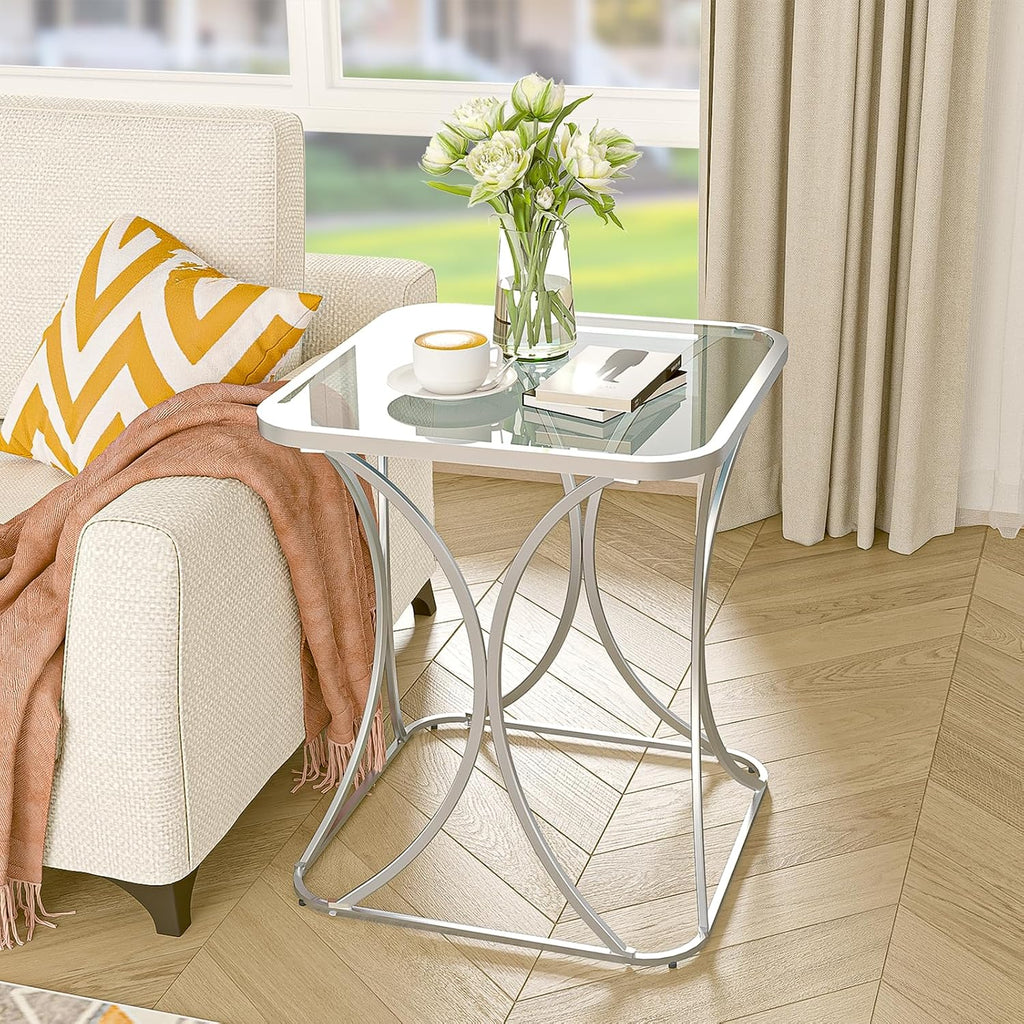 19.68" Square End Table with Tempered Glass Top, Stylish X-Shaped Metal Frame, Living Room Coffee Table, Sofa Side Table, Accent Tables for Small Spaces, Modern Bedside Table (Silver)