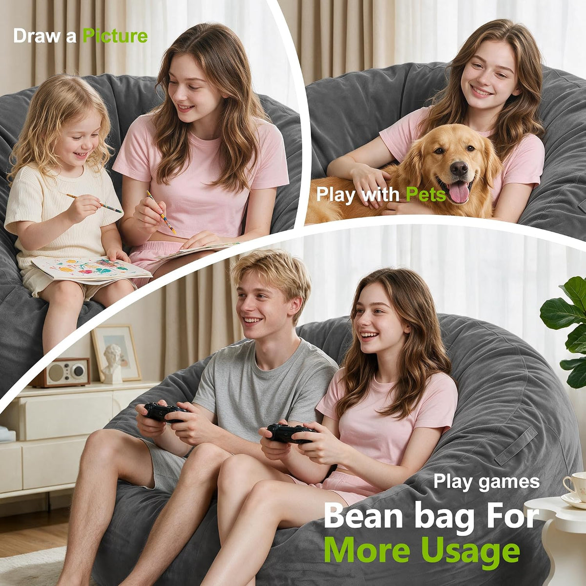 Homguava 6FT Bean Bag Chairs for Adults,Giant Adult Bean Bag Chair,BeanBag | Large Beanbag Chair with Foam Filled,Bean Bag Sofa with Handle&Pocket,Washable Velvet Cover Bedroom,Living Room-Grey