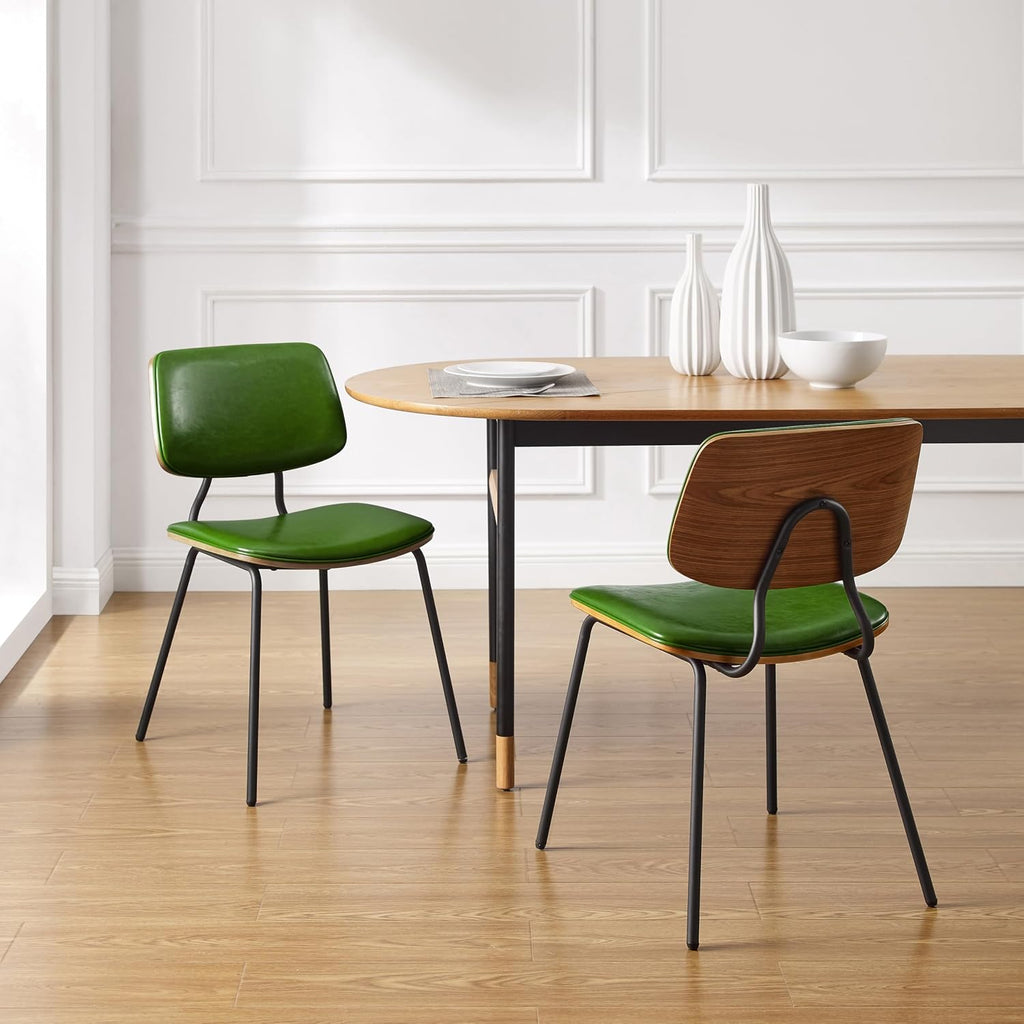 Art Leon Dining Chairs Set of 2- Mid Century Modern Faux Leather Dining Room Chairs with Bentwood, Armless Accent Chairs with Black Metal Legs for Kitchen Living Room, Green