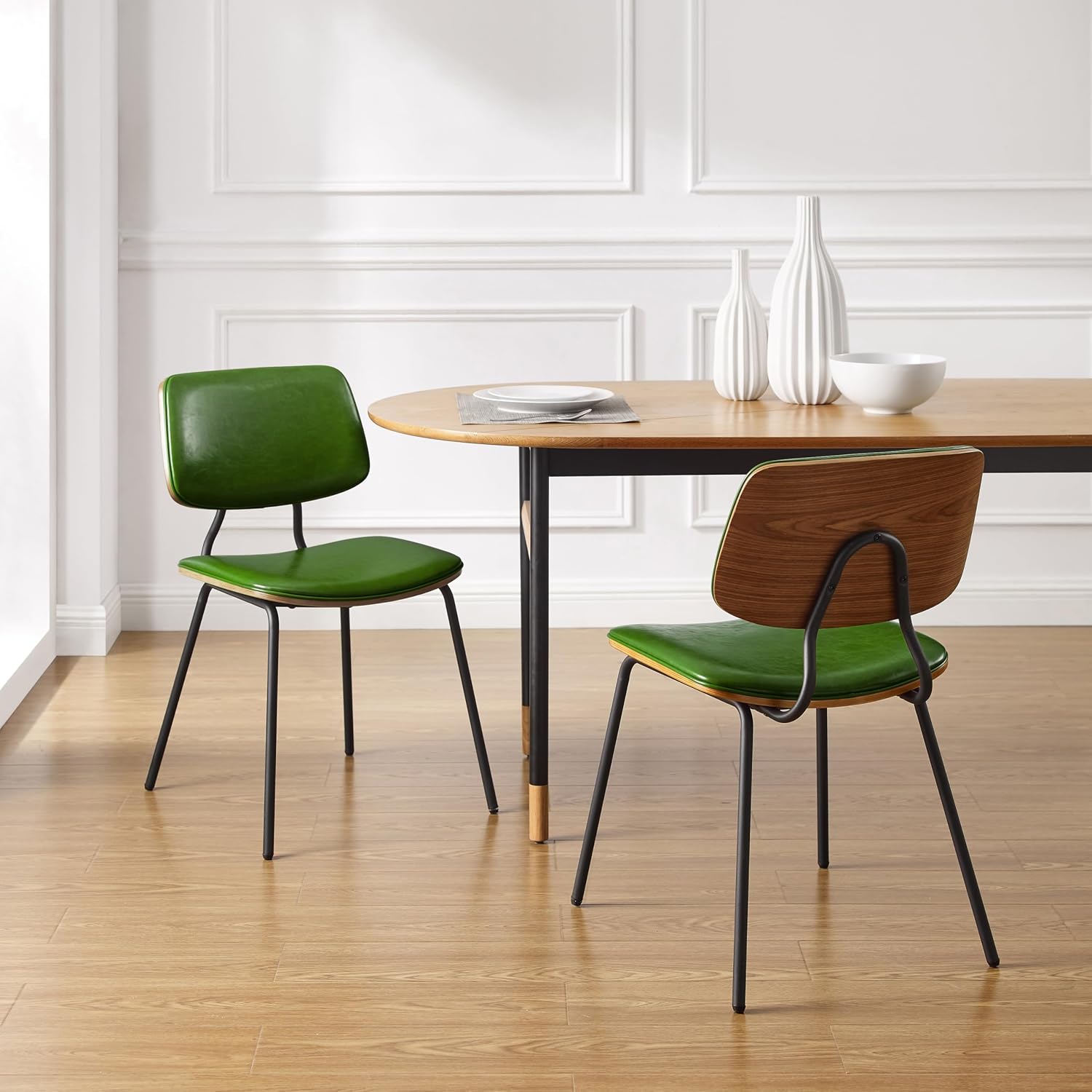Art Leon Dining Chairs Set of 2- Mid Century Modern Faux Leather Dining Room Chairs with Bentwood, Armless Accent Chairs with Black Metal Legs for Kitchen Living Room, Green