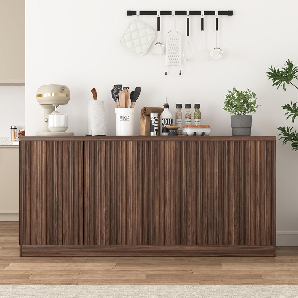 63" Fluted Buffet Cabinet Sideboard with Storage,Large Credenza with 4 Doors with Adjustable Shelves,Wood Mid Century Modern Sideboard for Kitchen, Living Room,Entryway(Walnut)