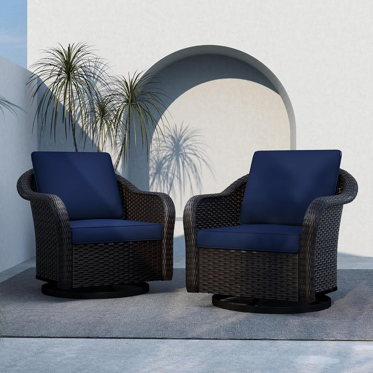 Outdoor Wicker 360 Degree Swivel Glider Rocker Chairs Set, Patio Conversation Furniture Set with Washable Cushions for Garden, Poolside (Navy Blue)