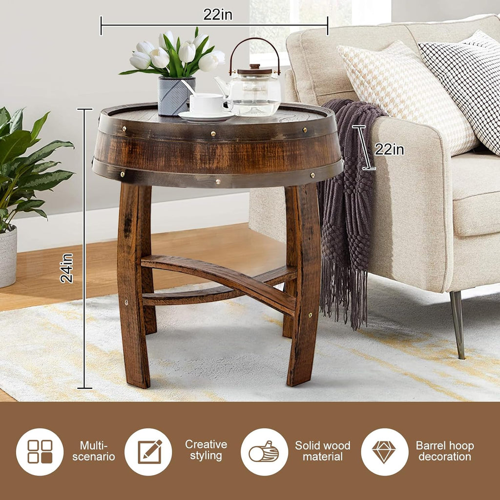 Whiskey Barrel End Table,Round Wood Wine Barrel Side Table Outdoor,Rustic Wine Barrel Bourbon Barrel Coffee Table for Small Spaces,Oak Barrel Decor Furniture for Living Room Bedroom