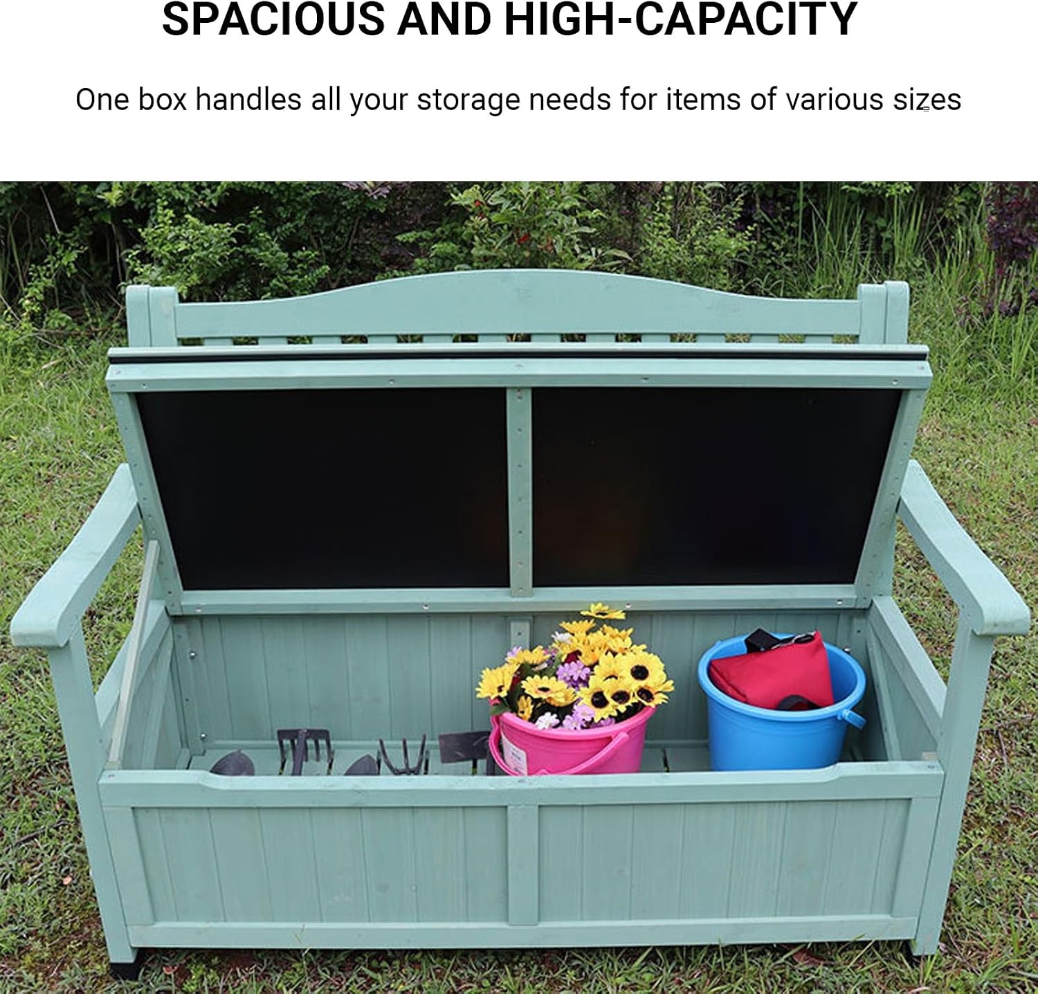 48in Wooden Outdoor Storage Bench, 2-Person Patio Deck Box with Backrest, Weather-Resistant Garden Chair Organizer for Front Porch, Yard and Poolside(Blue)
