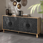 63" Sideboard Buffet Credenzas for Living Room, Black+Natural Entryway Table with Storage Accent Cabinet, Carved Flowers Doors & Wire Holes