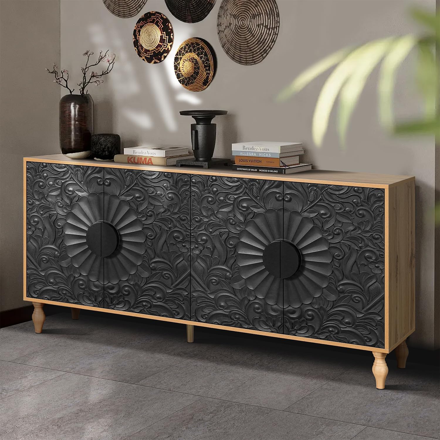 63" Sideboard Buffet Credenzas for Living Room, Black+Natural Entryway Table with Storage Accent Cabinet, Carved Flowers Doors & Wire Holes