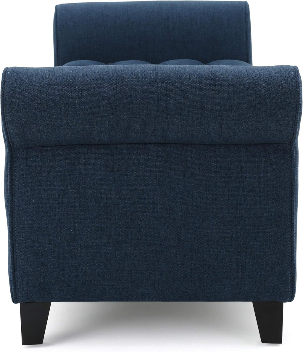 ‎GDF Studio Keiko Fabric Armed Storage Bench, Dark Blue, Dimensions: 19.75”D x 50.00”W x 20.5”H
