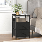 End Table with Charging Station & USB Ports, Rustic Nightstand with Fabric Drawers and Storage Shelf, Sofa Bed Side Table, Narrow Entryway Table for Bedroom Living Room, Black