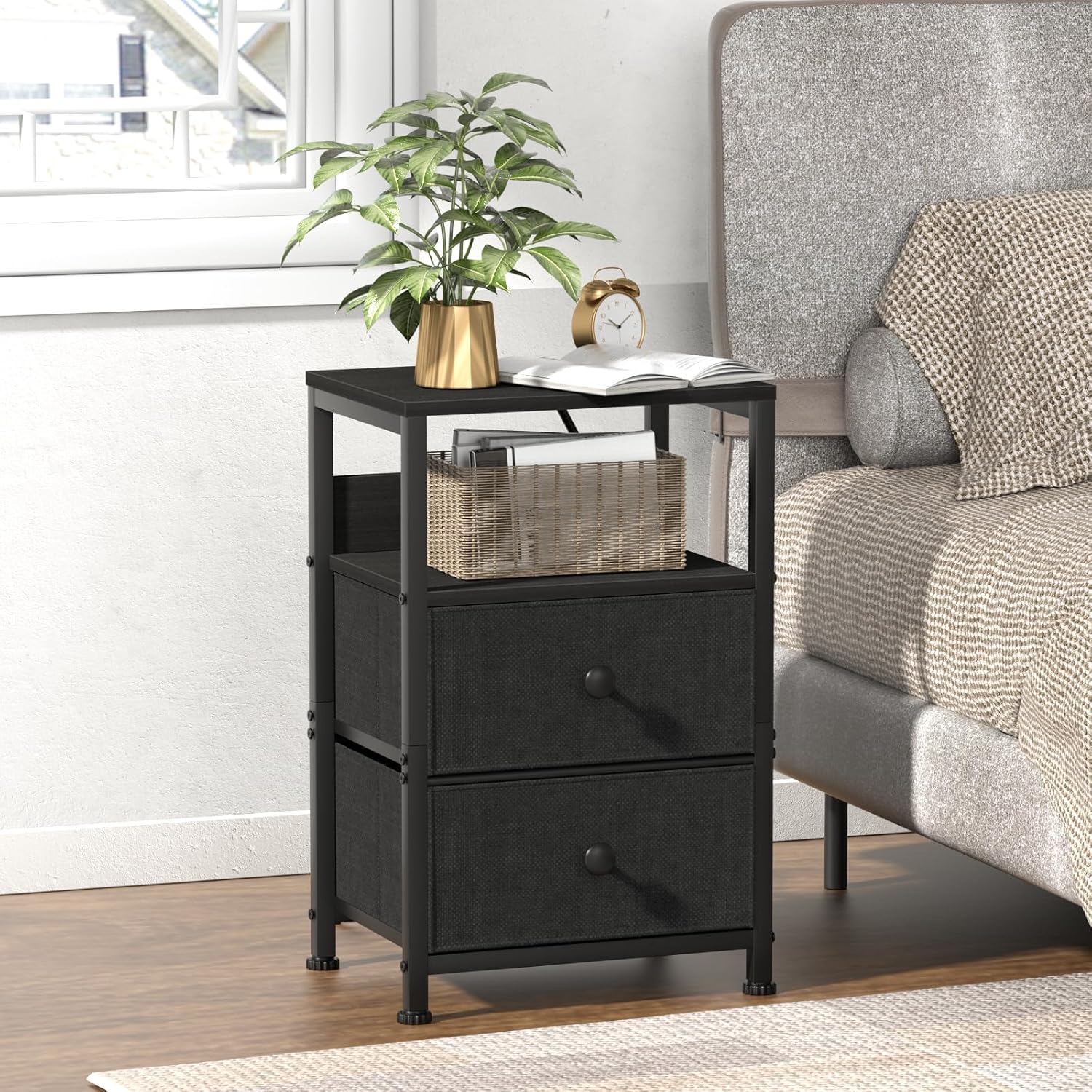 End Table with Charging Station & USB Ports, Rustic Nightstand with Fabric Drawers and Storage Shelf, Sofa Bed Side Table, Narrow Entryway Table for Bedroom Living Room, Black