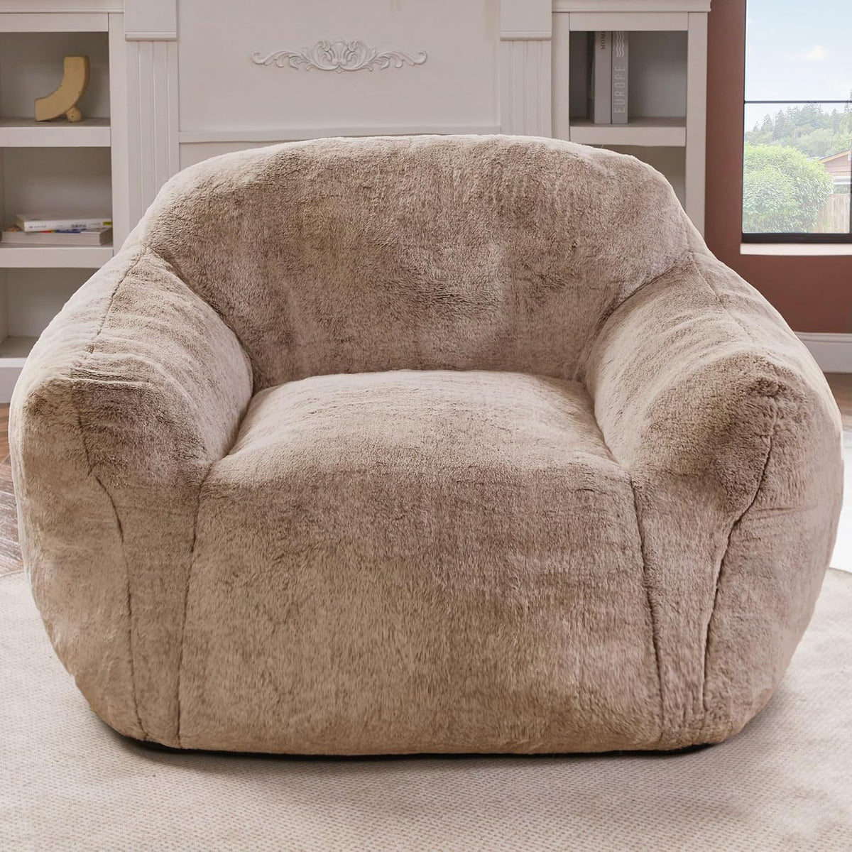 Homguava Giant Bean Bag Chairs for Adults,Large Bean Bag Couch with Arms | Big Beanbag Chair with Memory Foam Filled,Oversized Bean Bag Sofa,Faux Fur Floor Sofa Chair for Bedroom Living Room-Khaki