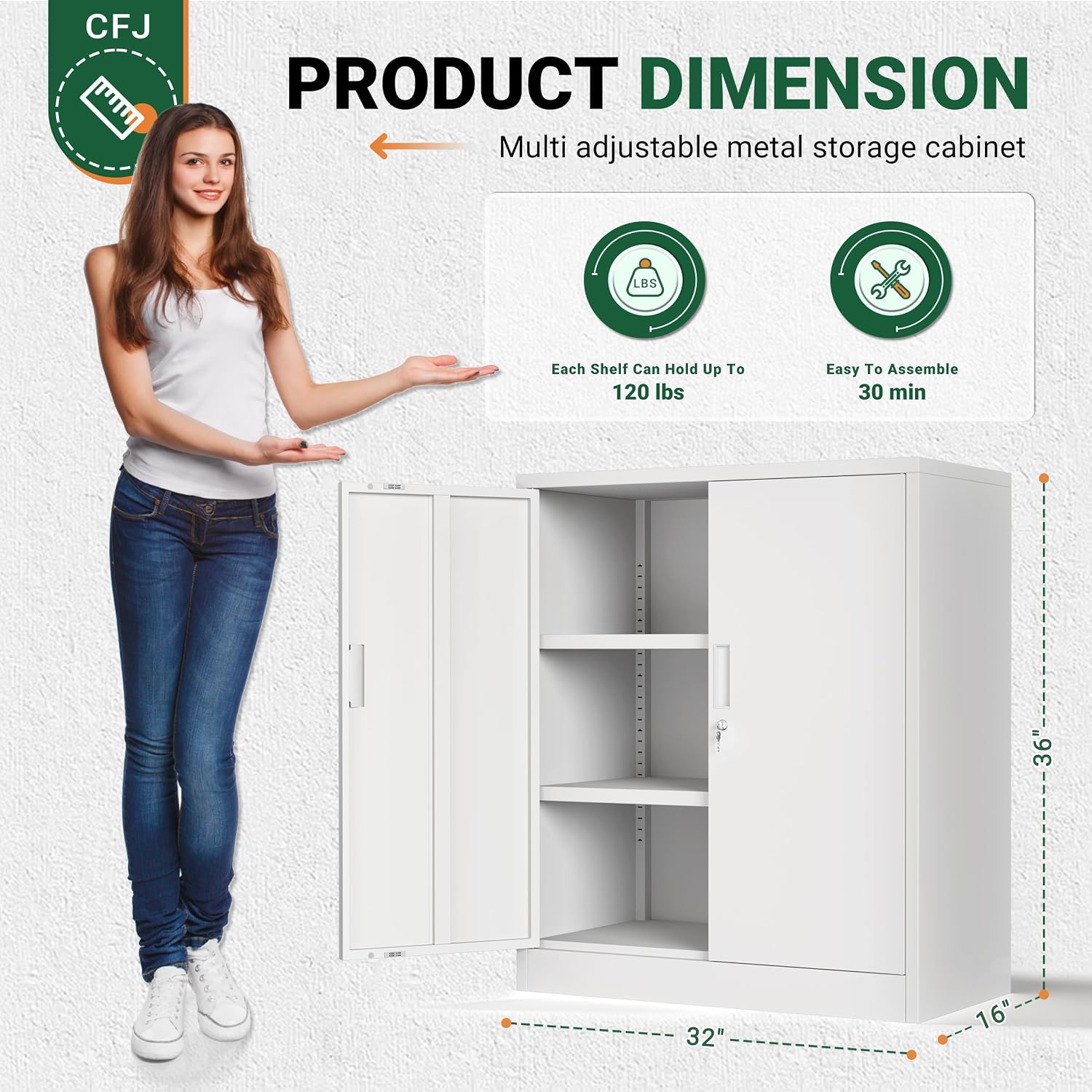 CJF Pantry Cabinet, Metal Pantry Storage Cabinets with Doors and 2 Adjustable Shelves, 36" H Locking Cabinet for Kitchen Storage, Home, Garage, Utility Room and Basement, White