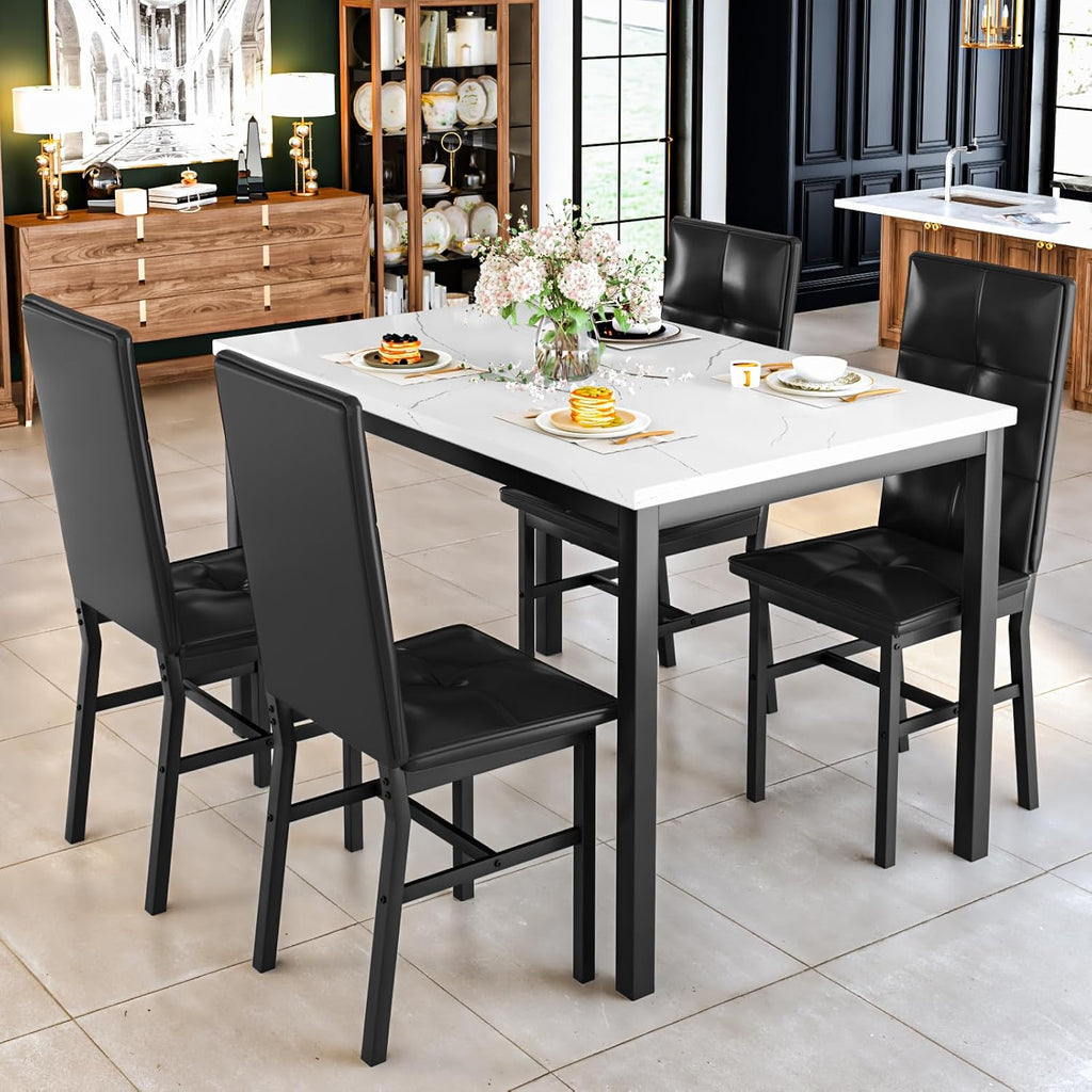 Hooseng Dining Table Set for 4, Faux Marble Small Kitchen Table with 4 PU Leather Chairs, Modern 5 Piece Dinner Table Set for Dining Room, Breakfast Nook, Samll Space, White & Black