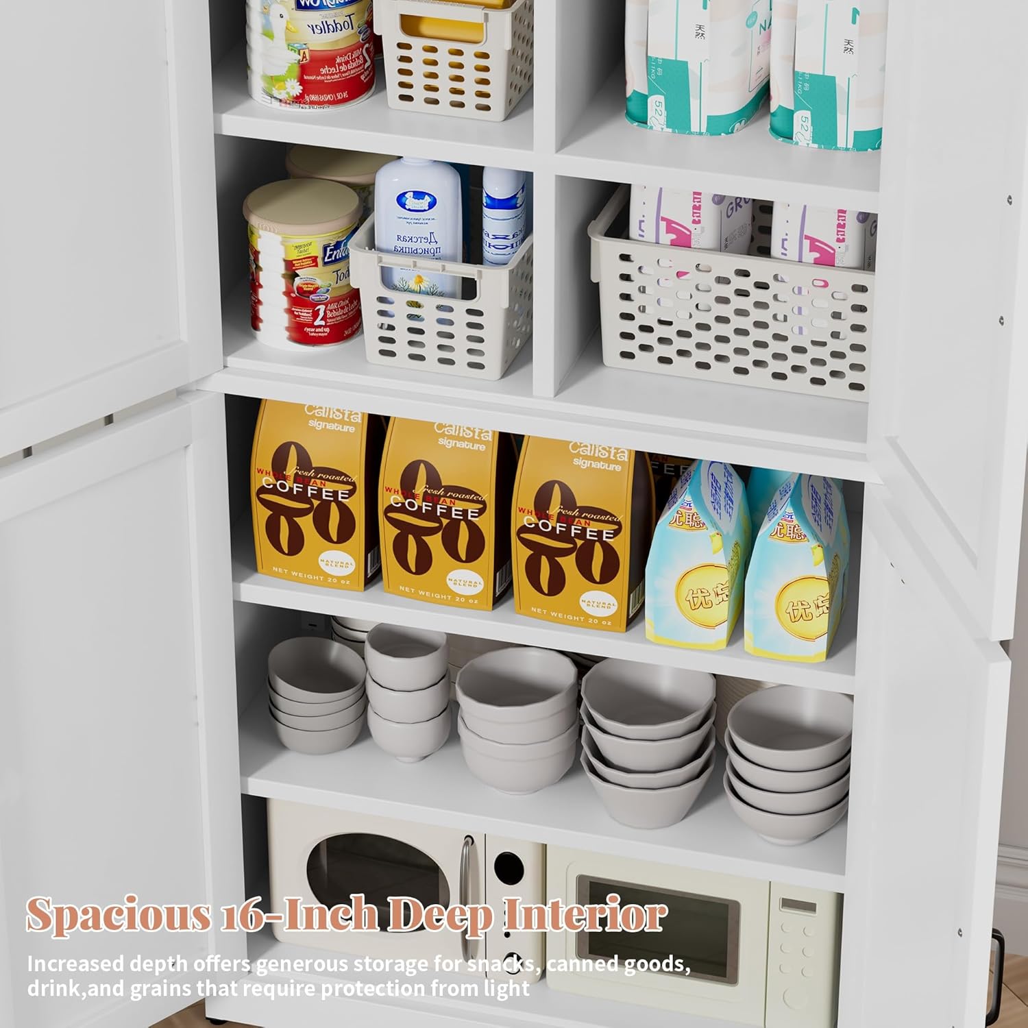 White Steel Kitchen Pantry Storage Cabinet with Barn Doors and Adjustable Shelves, Metal Farmhouse Cabinets for Living Room, Bathroom, Heavy Duty Rustic Pantry