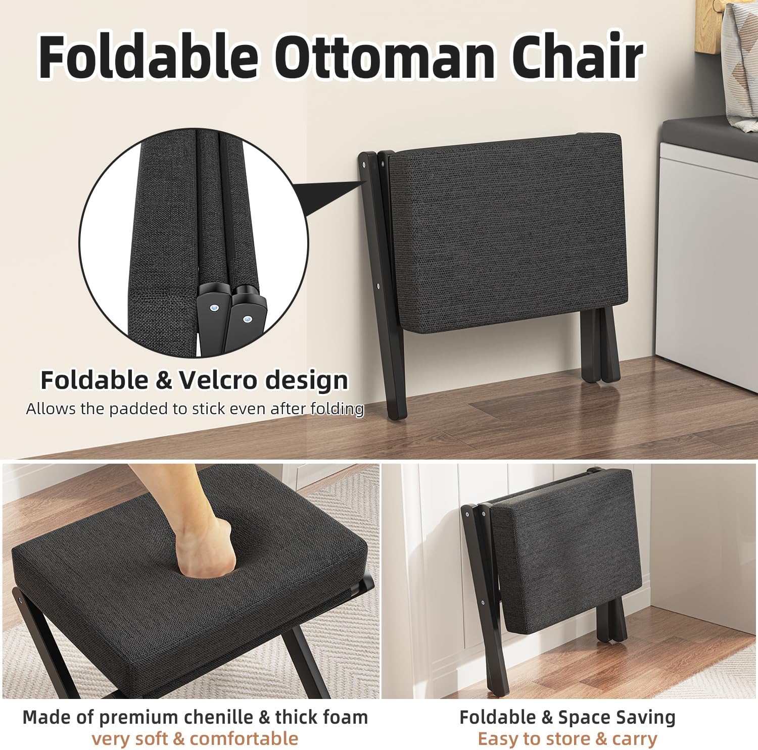 BAMBOOHOMIE Foldable Foot Stool Ottoman, Small Padded Foot Rest with Bamboo X-Legs, Portable Folding Leg Rest for Living Room Bedroom Office, Soft Foam Cushion Step Stool for Couch & Armchair (Black)