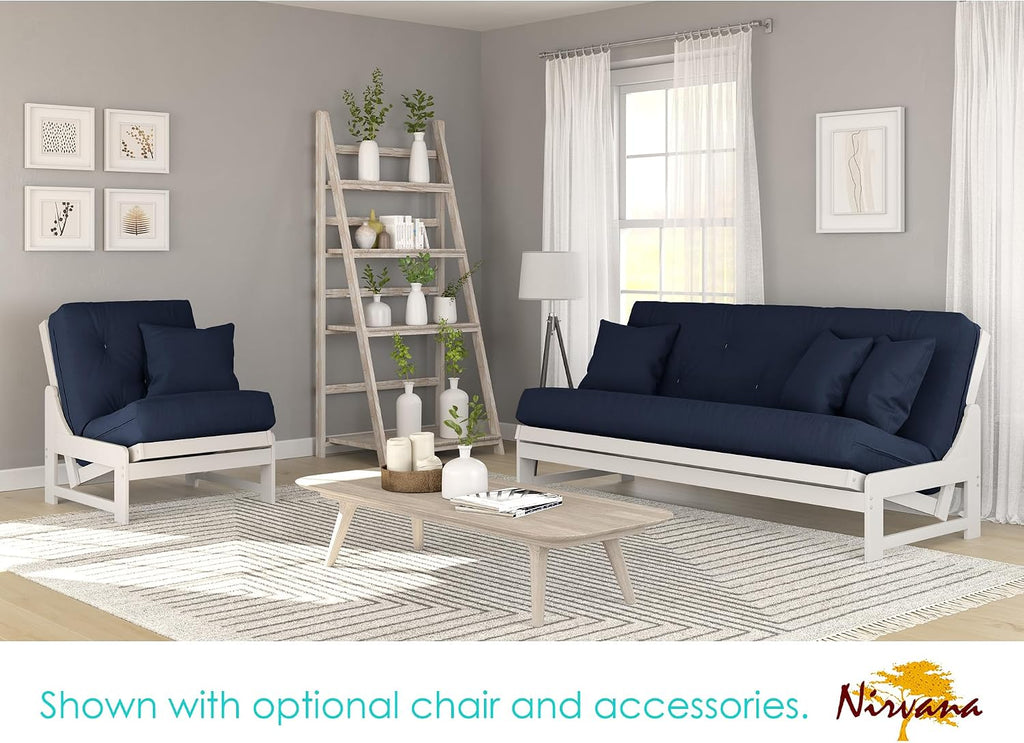 Nirvana Futons Arden White Futon with Storage Drawers Queen Size - Minimalist Armless Design with 8 Inch Comfortable Mattress (Twill Navy Blue), Sofa Bed Available in