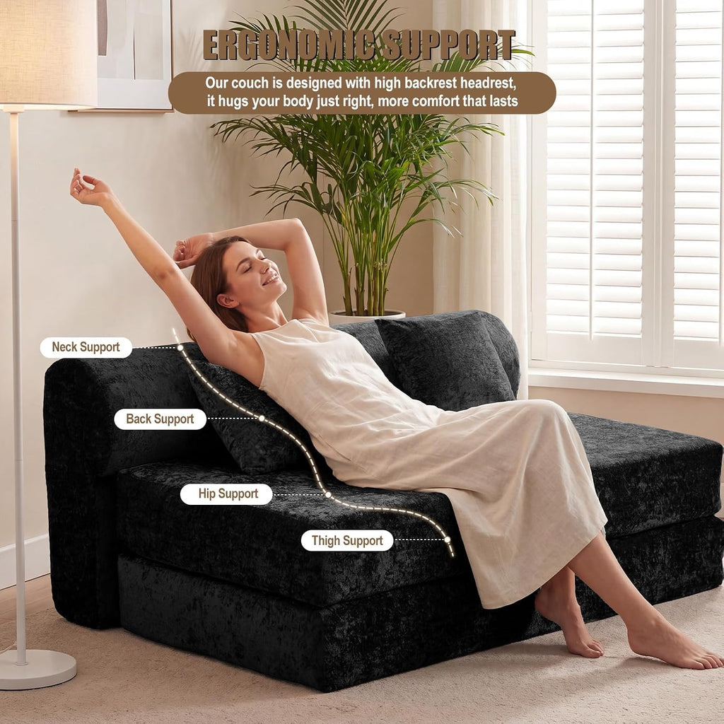 59" Convertible Sofa Bed with High Backrest & Washable Cover, Compression Couch in a Box, Sectional Loveseat Floor Sleeper Sofa for Bedroom, Living Room, BlackFleece