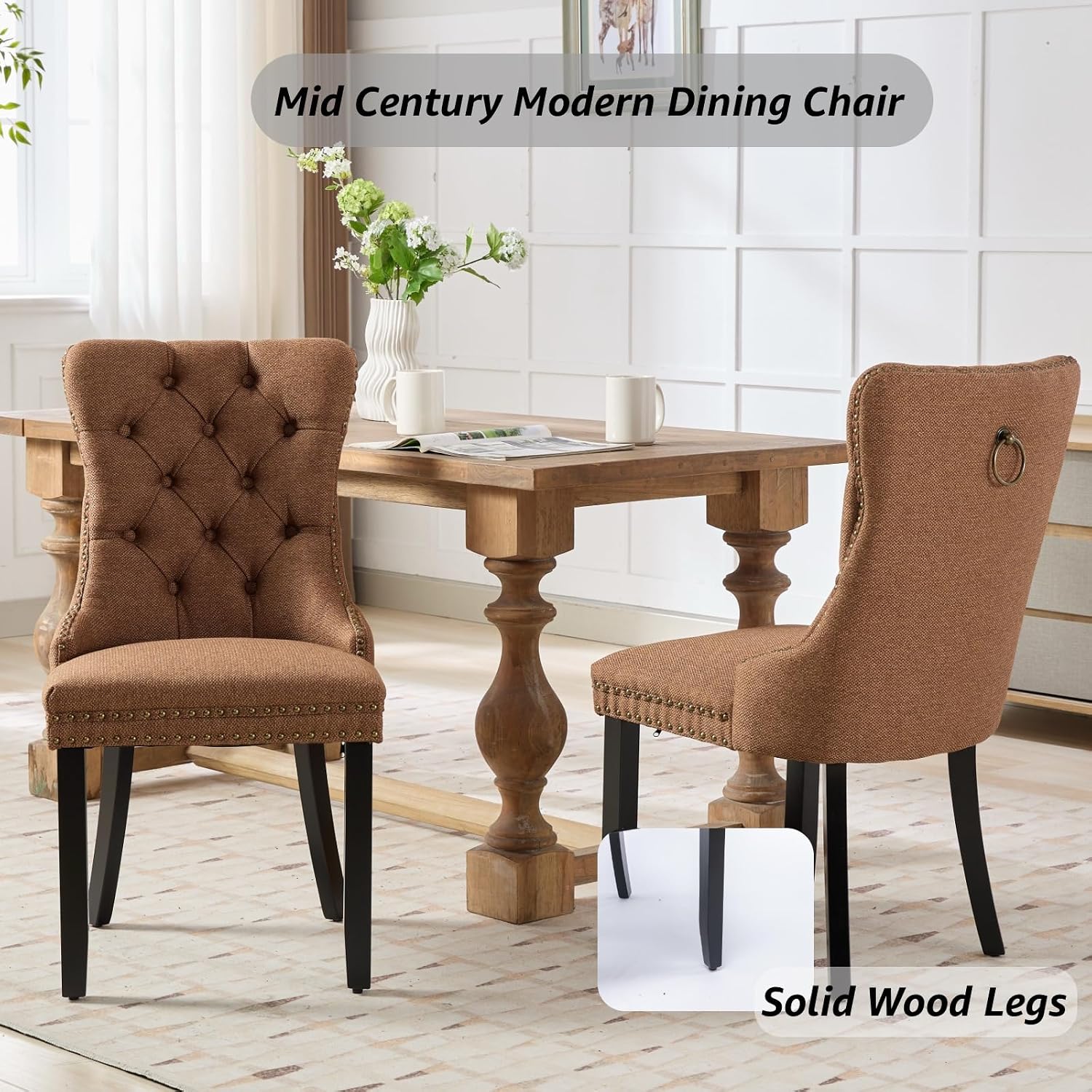 Espresso Brown Mid Century Modern Dining Chairs Set of 4, Linen Upholstered Kitchen & Dining Room Chairs with Nailhead Trim & Solid Wood Legs, Elegant Sillas De Comedor (Coffee, 4 Pcs)