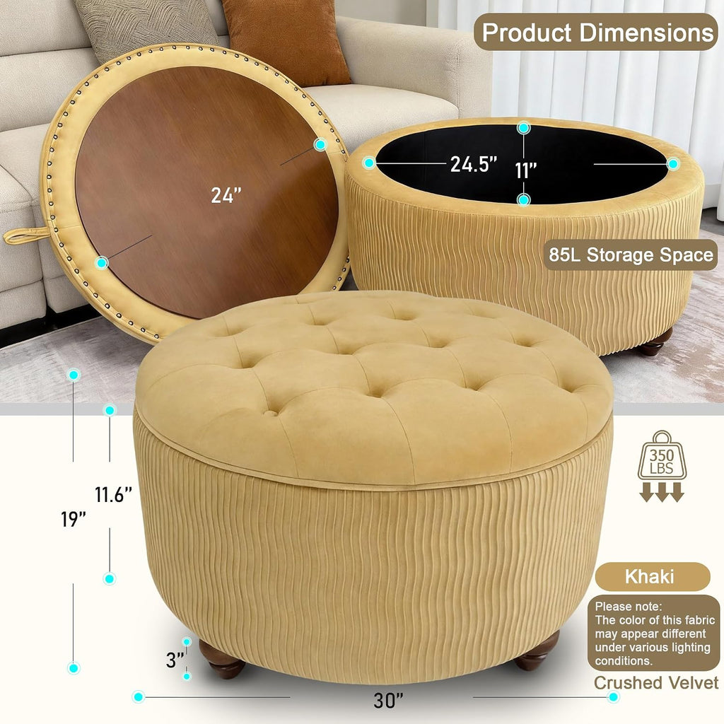 modscape 30" Velvet Round Storage Ottoman Coffee Table with Lift-Off Lid | Modern upholstered ottoman works as coffee table, footrest and extra seat. Large hidden storage for living room, bedroom.