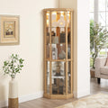 69" H Lighted Corner Display Cabinet, Curio Corner Glass Cabinet w/Adjustable Shelves & Glass Door, 5-Tier Wooden Storage Display Case w/Mirrored Back Pane for Living Room(Light Oak)