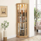69" H Lighted Corner Display Cabinet, Curio Corner Glass Cabinet w/Adjustable Shelves & Glass Door, 5-Tier Wooden Storage Display Case w/Mirrored Back Pane for Living Room(Light Oak)