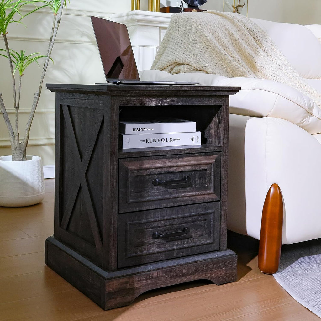 ALBAD Farmhouse Nightstand with Charging Station Rustic Bedside Table with 2 Drawers and Cubby Storage End Table with Metal Handle for Bedroom Office, Walut Brown