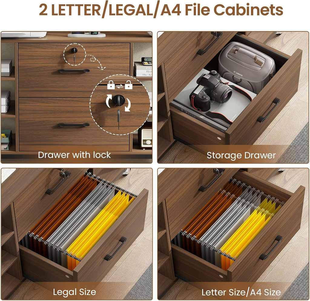 SEDETA 44" File Cabinet with Lock, Filing Cabinet fits Legal/Letter Size | Walnut Lateral 2 Drawer Filing Cabinets for Home Office with Lock, Power Strip, 6 Storage Shelves, Wheels and 4 Hooks