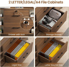 SEDETA 44" File Cabinet with Lock, Filing Cabinet fits Legal/Letter Size | Walnut Lateral 2 Drawer Filing Cabinets for Home Office with Lock, Power Strip, 6 Storage Shelves, Wheels and 4 Hooks