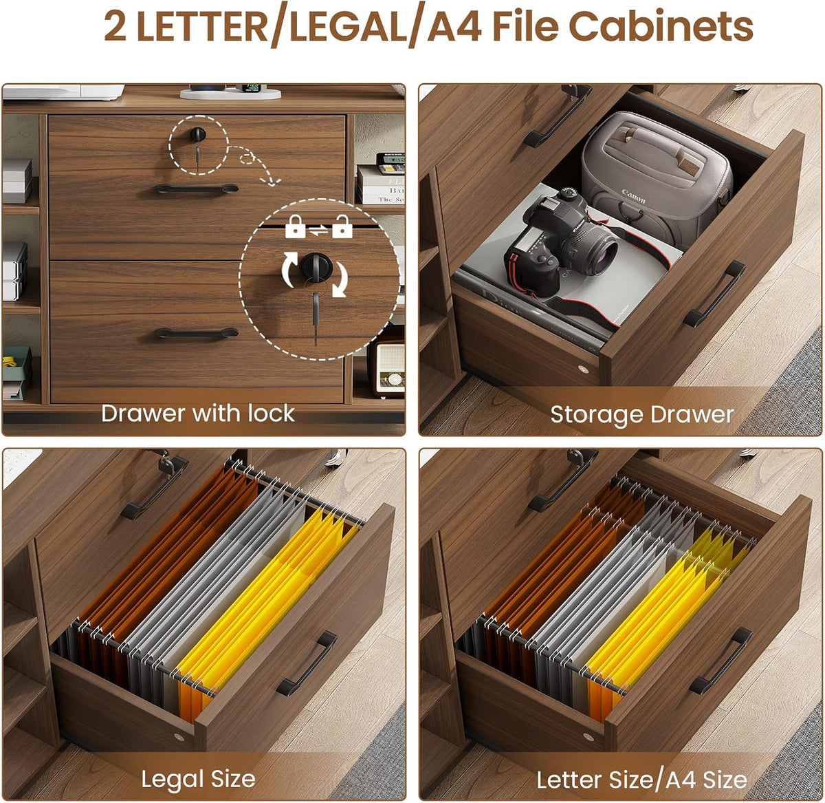 SEDETA 44" File Cabinet with Lock, Filing Cabinet fits Legal/Letter Size | Walnut Lateral 2 Drawer Filing Cabinets for Home Office with Lock, Power Strip, 6 Storage Shelves, Wheels and 4 Hooks