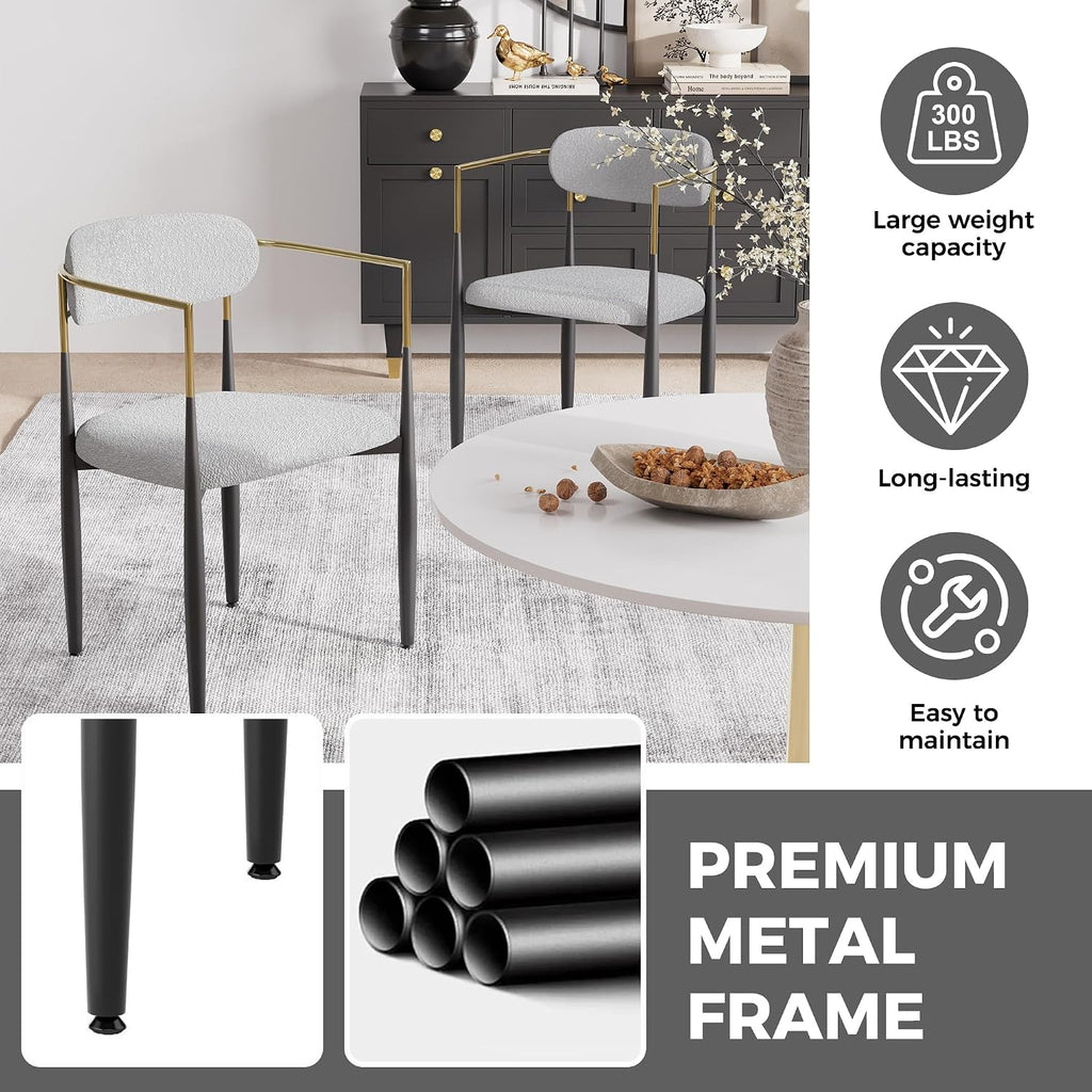 Baysitone Dining Chairs Set of 6 Mid-Century Modern Upholstered Boucle Dining Room Chairs Open Back Curved Backrest Black Metal Legs Gold Armchairs for Kitchen Living Room, Gray(Only Chairs)
