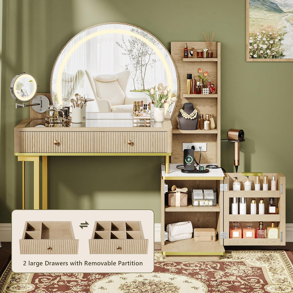 Einhomn Vanity Desk w/5x Magnifying Mirror, Fluted Makeup Vanity w/Mirror and Lights, Glass Top Vanity, Dressing Table w/Power Outlet & Drawers, Adjustable Shelves for Bedroom, Women & Girls, Natural