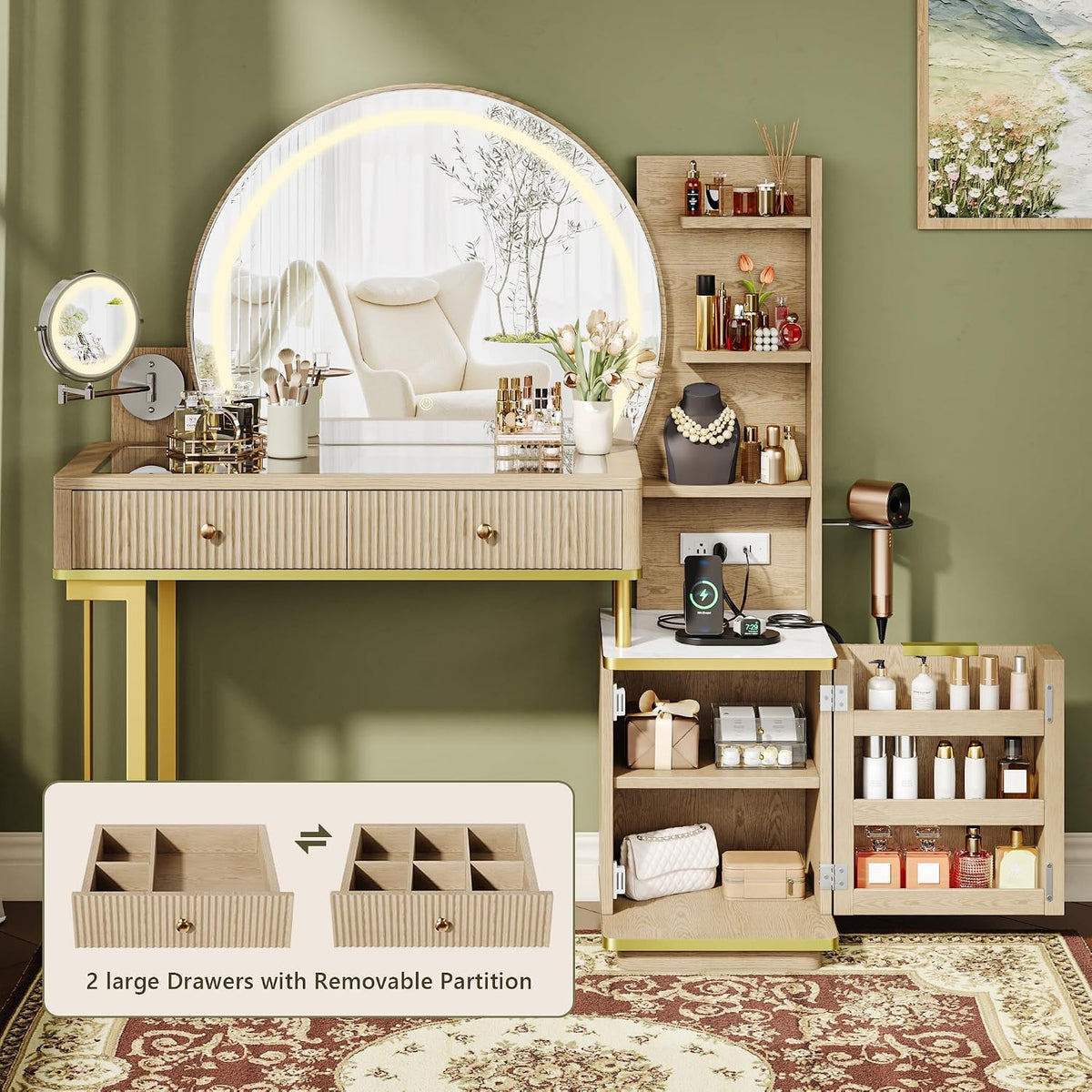 Einhomn Vanity Desk w/5x Magnifying Mirror, Fluted Makeup Vanity w/Mirror and Lights, Glass Top Vanity, Dressing Table w/Power Outlet & Drawers, Adjustable Shelves for Bedroom, Women & Girls, Natural