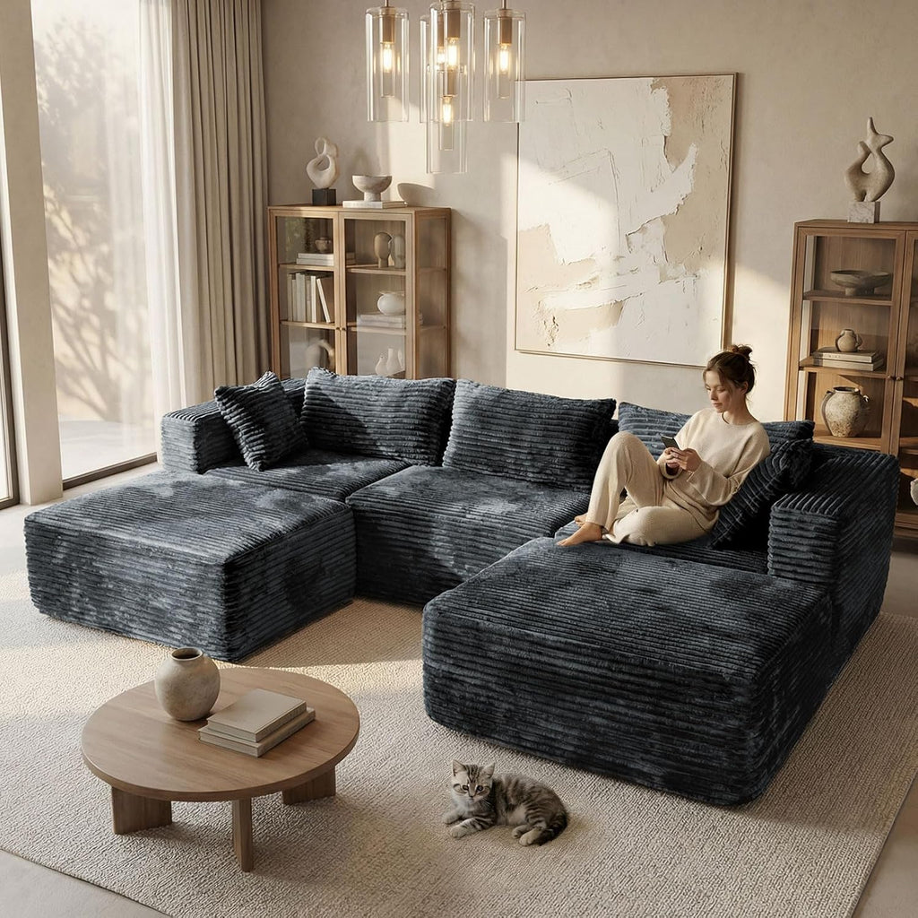 110 Modular Sectional Sofa with 2 Ottomans, Corduroy U-Shaped Modular Sectional Sofa, Convertible Cloud Couch with Deep Seats, No Assembly Required (Grey, 110" 3Seat+2 0ttoman)