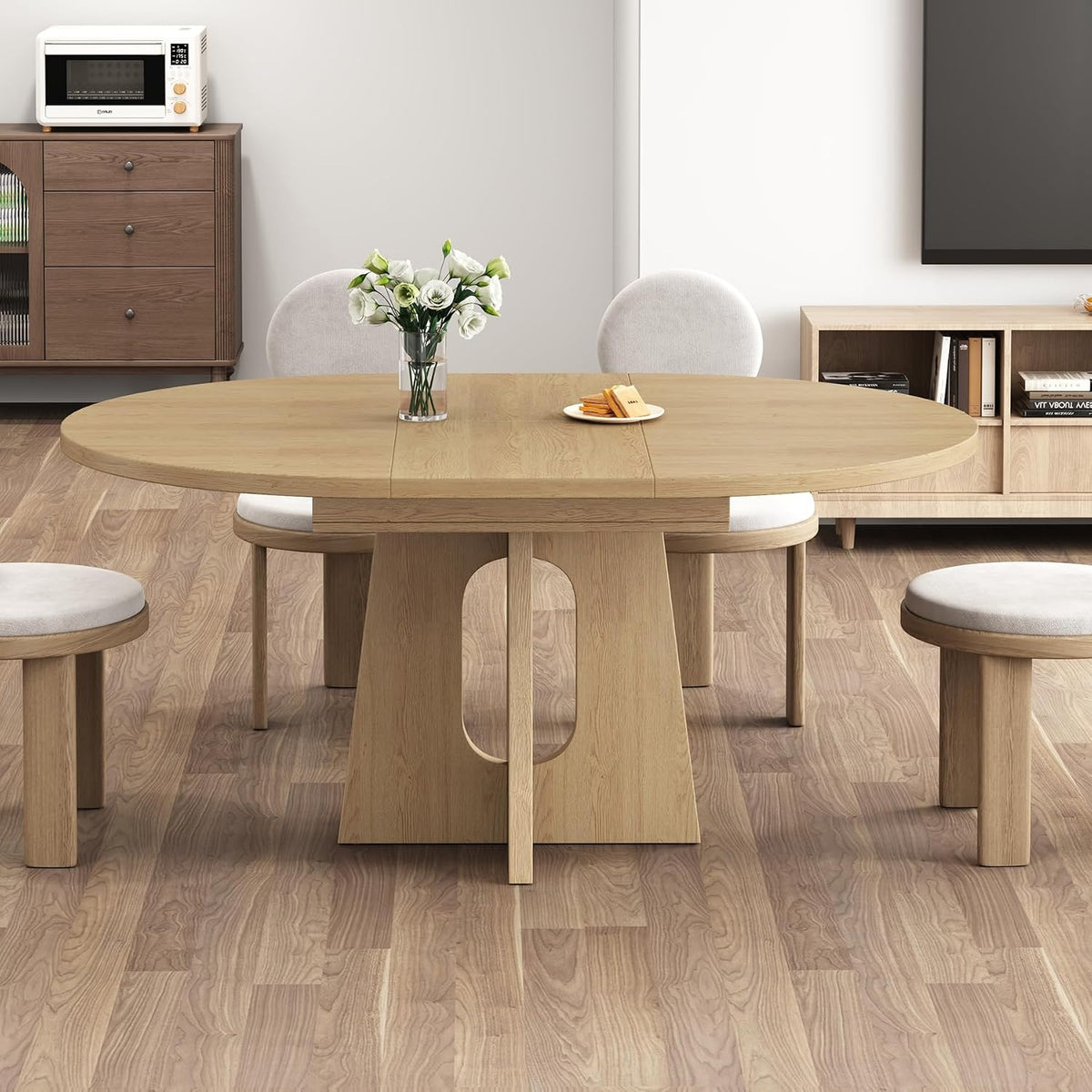 Epecoya 59-Inch Extendable Round Dining Table for Dining Room, Light Oak | 4-6 People Farmhouse Oval Wood Expandable Kitchen Dinner Table with Heavy Cross Pedestal for Living Room, Apartment