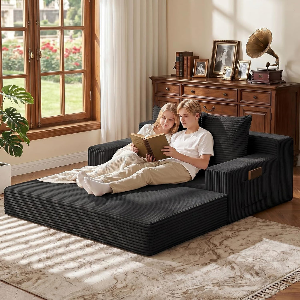 Loveseat Couch Folding Sofa Bed, Foldable Floor Futon Sleeper Couch Bed - Convertible Sofa Bed, Corduroy Pull Out Sofa Bed with 2 Pillows for Living Room & Bedroom