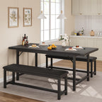 3-Piece Dining Table Set for 4-6 People, Extendable Kitchen Table Set with 2 Upholstered Benches, Dining Room Table Set for Apartment, Kitchen, Living Room, Black