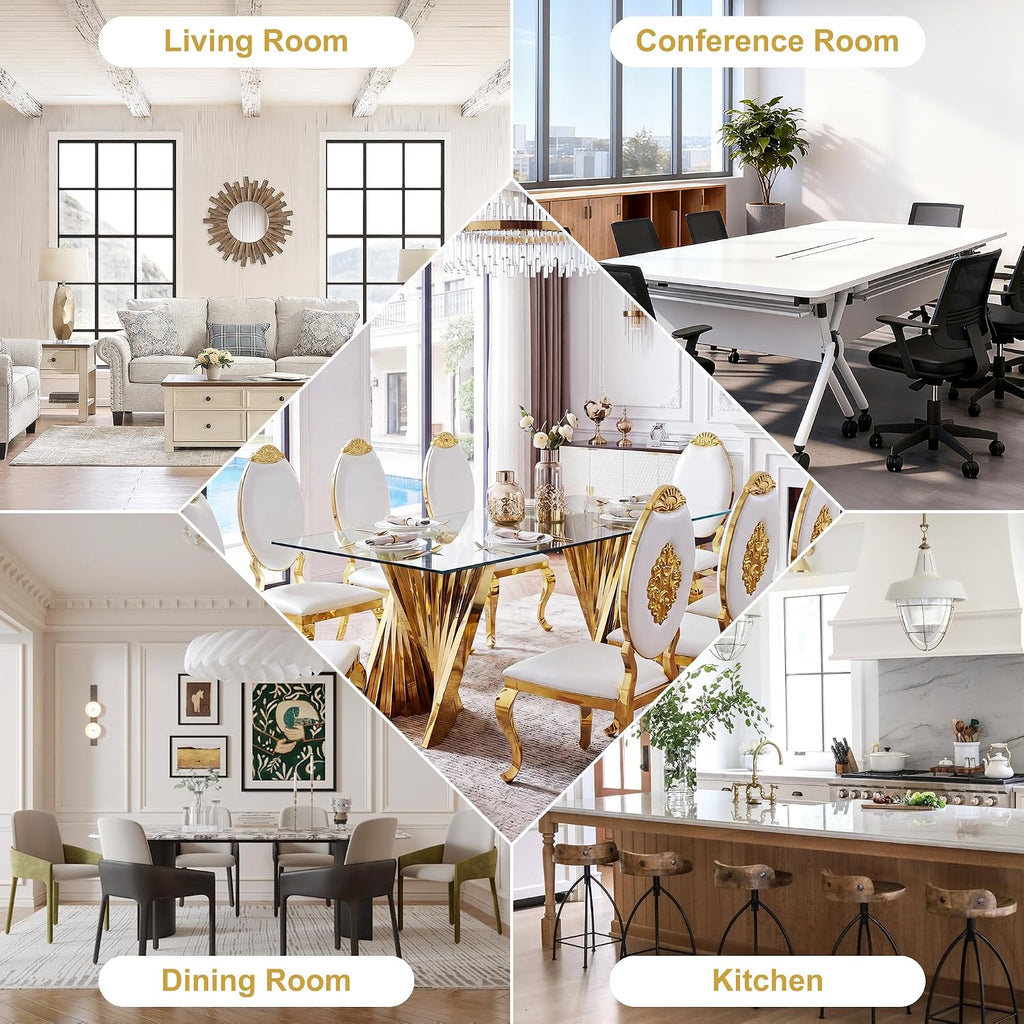 94" Modern Glass Gold Dining Table for 8-10, Luxury Kitchen Table with Tempered Glass Top & Mirror Finish Stainless Steel Base, Large Dinner Pedestal Tables for Home Banquet Hall Room, Only Table