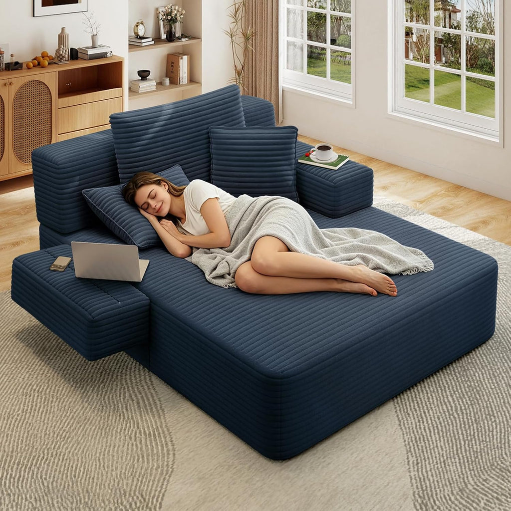 Chaise Lounge Chair Indoor, 60" Oversized Sleeper Couches W/Foldable Armrest Cloud Corduroy Upholstered Reading Chairs Floor Sofa Bed for Living Room No Assembly, Blue