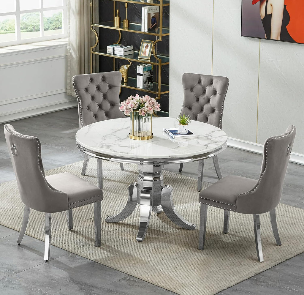5-Piece White Marble Round Dining Table Set for 4, Modern Faux Marble Kitchen Table Set for 4 with Grey Tufted Chair,Circle White Silver Dinner Tables with American-Style Pedestal Base
