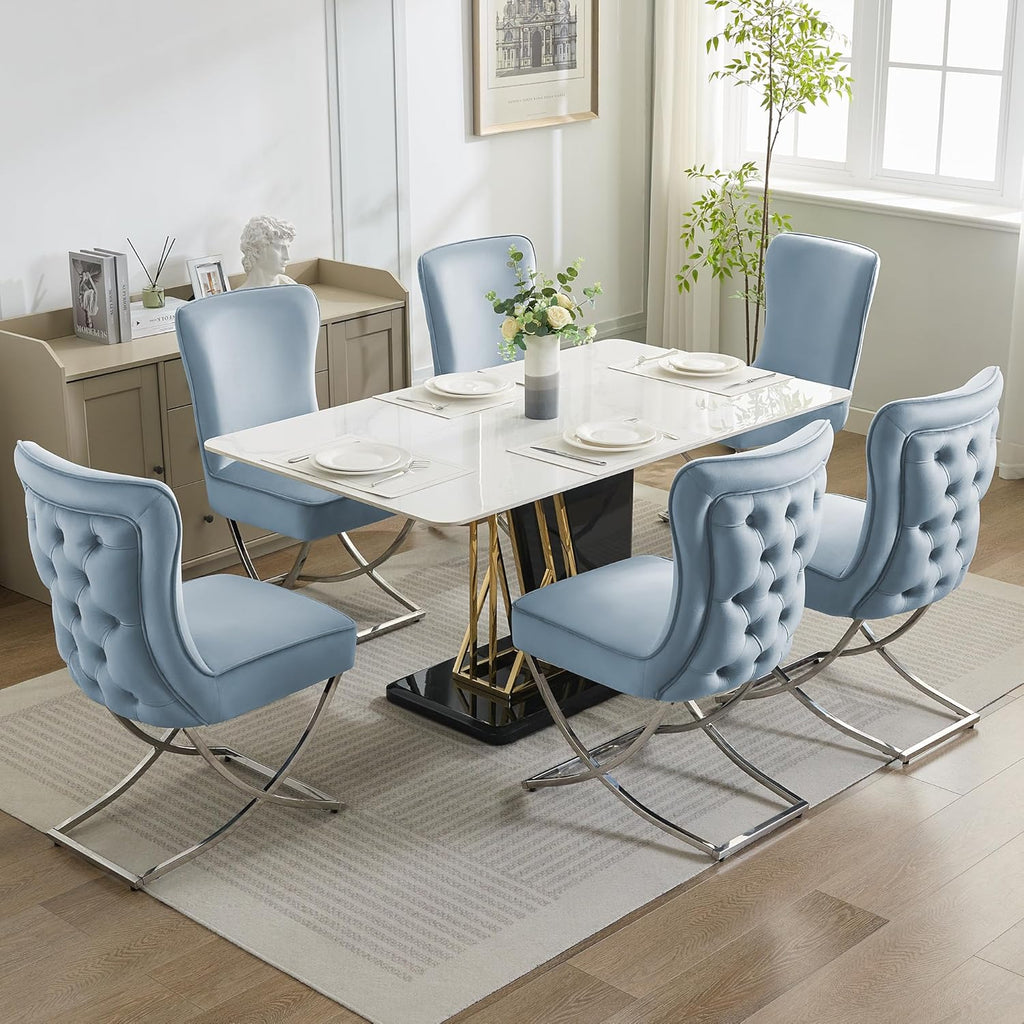 WUTUTUEE Luxury Velvet Dining Chairs, Tufted Upholstered Armless Accent Chairs with Silver Metal X-Legs, Modern Glam Dining Room Chair Set of 2, Light Blue
