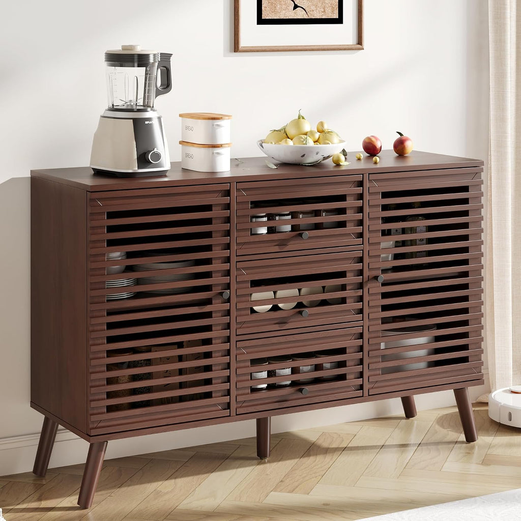 Furnify Buffet Cabinet with Slatted Doors, 47" W Sideboard Buffet with Drawers, Modern Mid Century Accent Storage Cabinet for Living Room, Entryway, Kitchen, Walnut