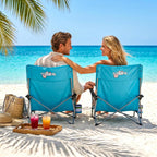 Old Bahama Bay 2 Pack Ergonomic Low Beach Chair for Back Support – Heavy Duty 350lbs Folding Sand Chair, Cup Holder & Carry Bag – Lightweight Portable Seat for Beach, Camping, Concerts,Stripe Design