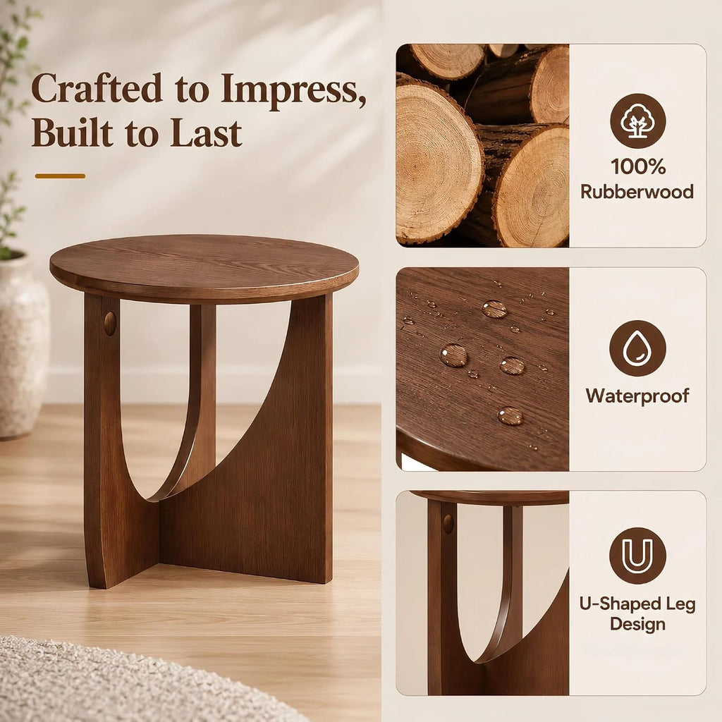 100% Solid Wood Round Side Table, 19.7'' Walnut Brown Small End Table, Sofa Side Table with Sculptural Curved Base, Minimalist Accent Table for Living Room, Bedroom, Reading Nook
