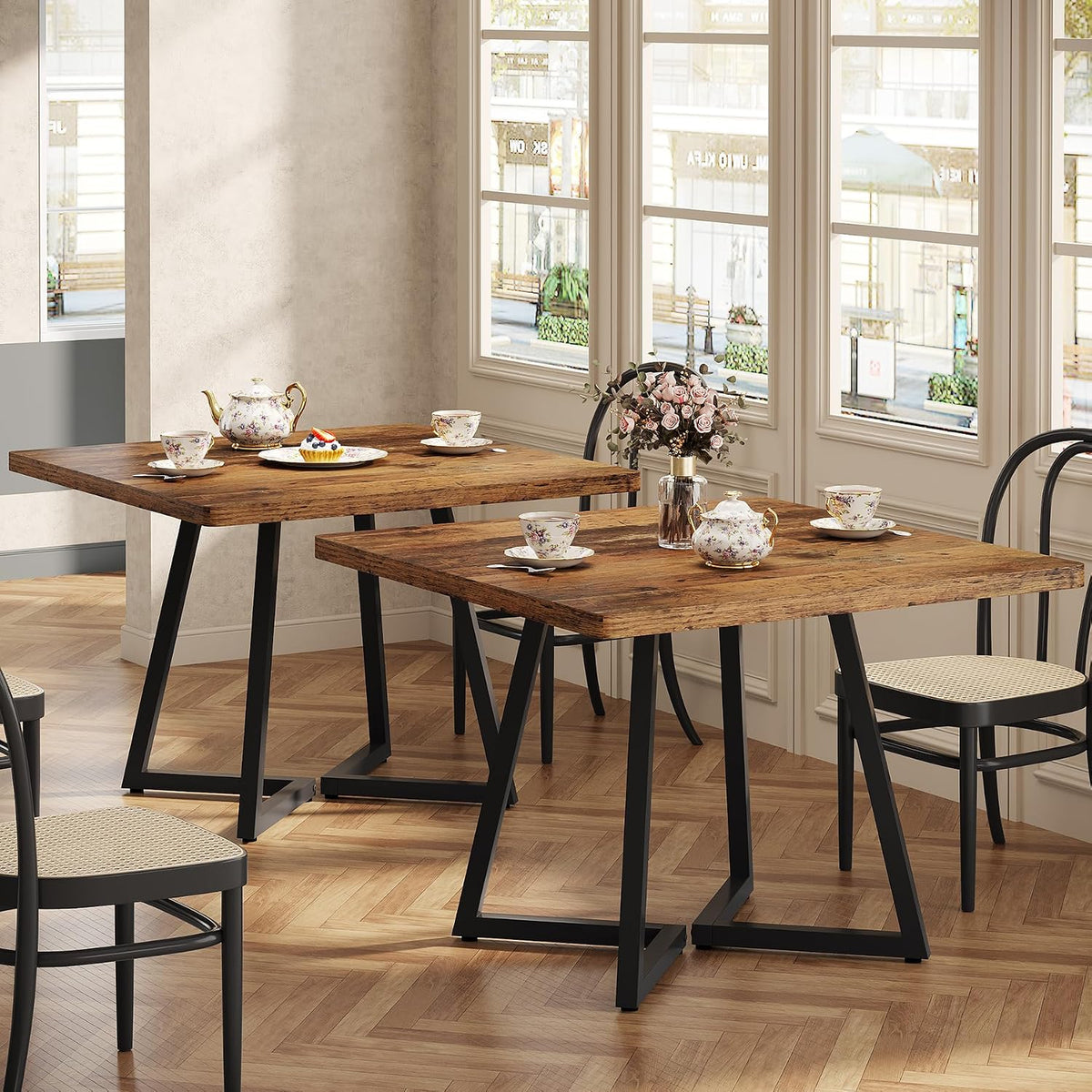 Tribesigns Square Commercial Dining Table Set of 6, 31.5" Dinner Table with Metal Base, Wooden Kitchen Table for Restaurant, Cafe, Bakery, School, Apartment, Dark Brown