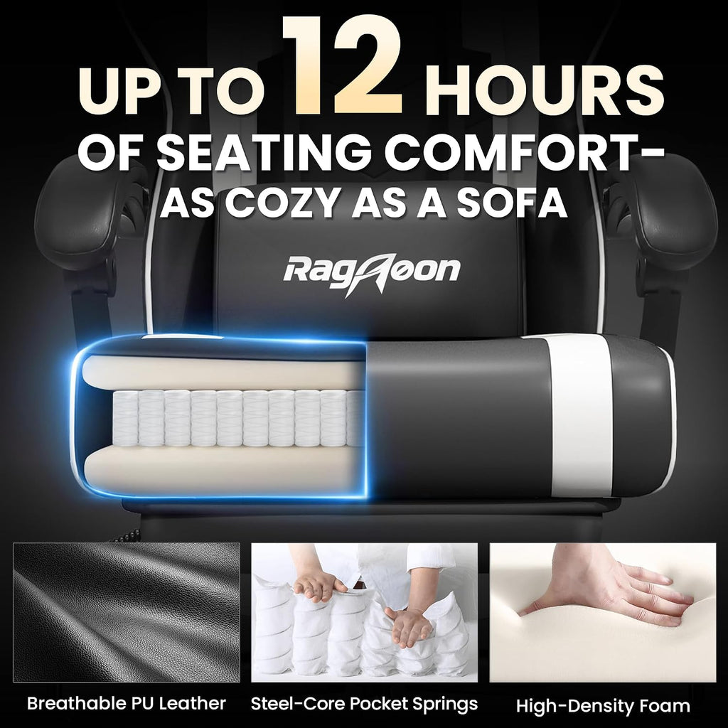 Gaming Chair for Adults Gamer Game Ergonomic PC Chair, 7-Point Support | Pocket Springs & Foam,51cm Wide Seat,Sync Armrests, 90°-135° Backrest, PU Leather, Black and White, 400lbs Load